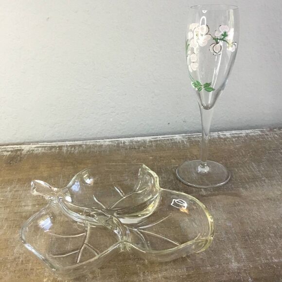 Vintage Fairycore Cottage Fairy Floral Glass Champagne Flute and Leaf Bowl Set - Picture 1 of 5
